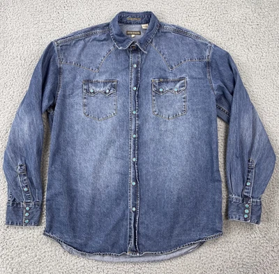 Stetson Mens XL Denim Western Shirt Turquoise Snap Buttons Cowboy Rodeo - Image 1 of 4