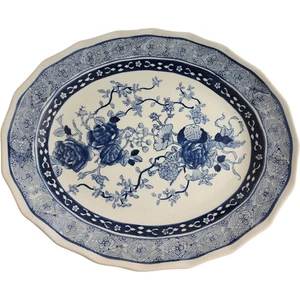 Antico piatto da portata ovale in porcellana blu e bianca floreale transferware chinoise - Foto 1 di 3