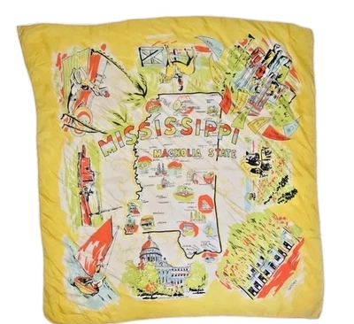 Vtg 1950s MISSISSIPPI Silk Scarf Large Souvenir Magnolia State Square 34" ART - Image 1 of 4