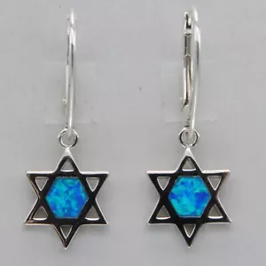Blue FIRE OPAL Star of David Magen Leverback Earrings 925 STERLING SILVER #80e - Picture 1 of 9