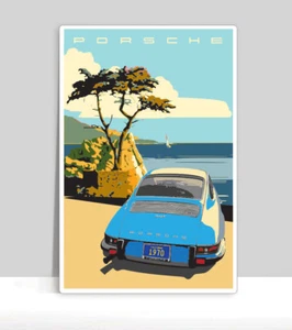 1970 Pastel Blue Porsche 17 Mile Drive. Poster Aluminum 18 "x 24" - Picture 1 of 3