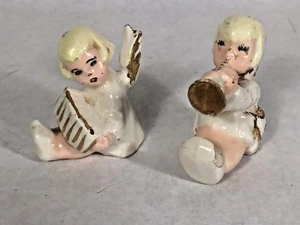 2 Vtg Ceramic Sitting Xmas Angel Figurines White w Gold Trim Putz Accordion Horn - Picture 1 of 8