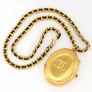CHANEL CC Logo Black Leather Locket Pendant Necklace 23" Gold Tone 95P Auth - Picture 1 of 8