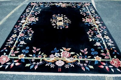 c1920s ANTIQUE MINT ART DECO CHINESE WALTER NICHOLS RUG 8x10 BLACK FIELD_BEAUTY - Image 1 of 4