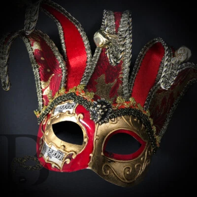 Máscaras de bufón: máscaras de bufón - máscara de mascarada de comodín veneciano en oro rojo Foto 1 de 2