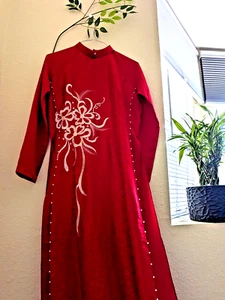 Ao Dai Bộ XL gấm phối lụa thêu hoa 4 tà, cổ 3 cm, ngực 93 eo 80 cm - Áo kèm quần - Picture 1 of 7