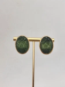 Vintage 1940-50s Floral Flowers Carved Green Jade Vermeil 925 Clip On Earrings - Picture 1 of 5