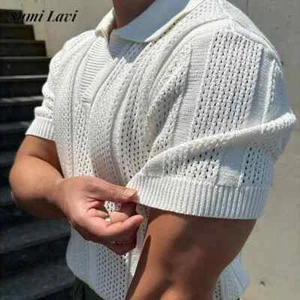 Camisas polo de malla para hombre ajustadas tejidas manga corta polos para hombre suéteres - Imagen 1 de 16