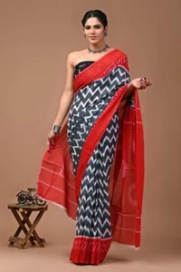 Indian Hand Block Printed Women's Saree Beautiful Cotton Malmal Ethnic Sari - Picture 1 of 4