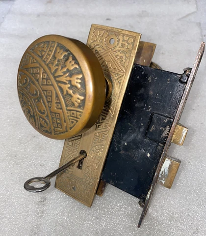 Antique Brass Door Set, Lock, Knobs, Plates,  by Corbin "Ceylon" c1895 Cover