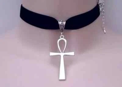 Collarino di Velluto donna Croce egizia egiziana croce della vita argento - Immagine 1 di 2