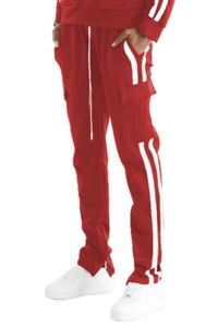 Men's Two Stripe Cargo Track Pant, Slim Fit, Athletic Wear, Red and White - Picture 1 of 4