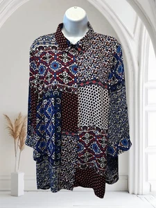 Valerie Stevens Sz 1X Mixed Patchwork Print Long Sleeve Collared Tunic. NS-10 - Picture 1 of 9