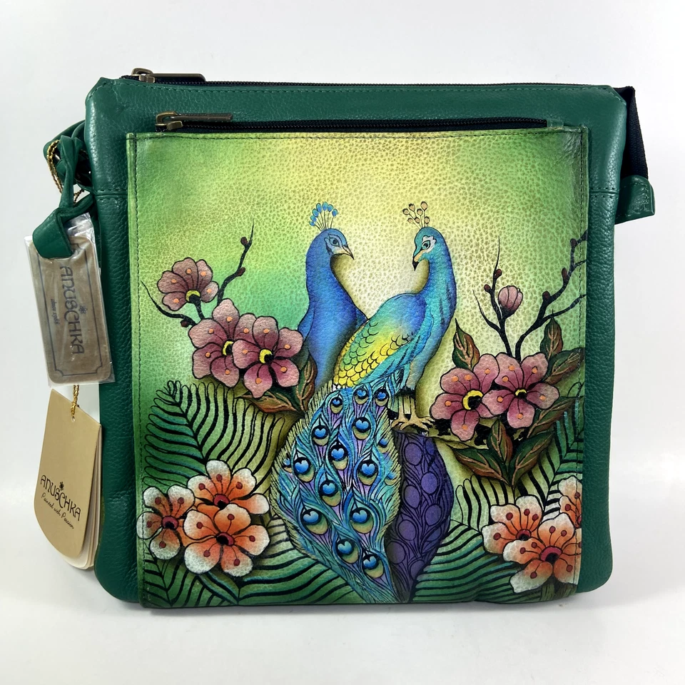 Bolso Bandolera Anuschka Pavo Real Pintado a Mano Multi-Bolsillo Cuero Sillín Etiquetas Nuevas Foto 1 de 4
