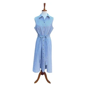 Anne Klein Size 10 Diane Striped Seersucker Sleeveless Belted Midi Shirt Dress - Picture 1 of 12