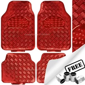 Set Tappetini Pavimento Auto Gomma Rosso Lucido Checker Effetto Stile Cromato 4 Pz SWUXM3+CP - Foto 1 di 19