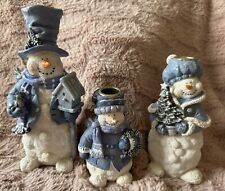 VTG Set of Three Snowman Holiday Taper Candle Holders Blue & White Resin EUC!