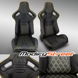 2 x BLACK PVC LEATHER/YELLOW STITCH LEFT/RIGHT RACING CAR SEATS - Foto 1 di 8