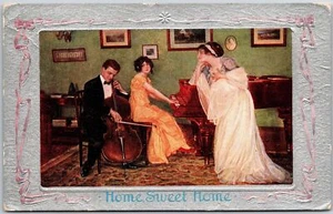 Home Sweet Home Violen Man Women In Long Dress Suit Playing Piano Postcard - Picture 1 of 2