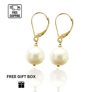 14K Gold Lever Back Earrings with Genuine Freshwater Cultured Pearl 9mm - Picture 1 of 2