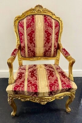 Unique French Baroque Style Armchair, Gold Colored Frame, Gold/Burgundy Fabric - Image 1 of 4