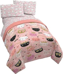 Pink Black Gold Cats Crowns Kittens Reversible 7 pc Comforter Set Twin Full Bed - Picture 1 of 6