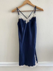 Victoria’s Secret Laced Satin Navy Slip Dress Size S Babydoll Intimate Romantic - Picture 1 of 9