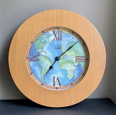 Ziro Postmodern Wooden Wall Clock World Map 11" x 1.5" Made In England - Image 1 of 4