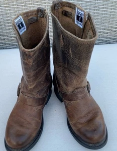 Women FRYE Veronica Moto Brown Leather Boots Size 6.5 Harness - Picture 1 of 8