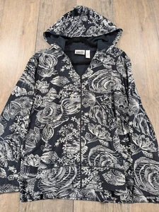 Chicos Hoodie Jacket Womens Medium Black Floral Print Zip 100% Cotton Loungewear - Picture 1 of 8