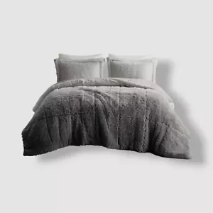 Intelligent Design Gray Leena Shaggy Long Fur Comforter Mini Set - Full/Queen - Picture 1 of 7