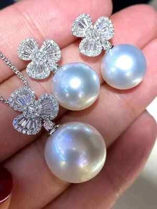 Wunderschöne AAAAA 10-11mm Südsee Weiß Runde Perle Anhänger Ohrring Set 925S - Bild 1 von 5