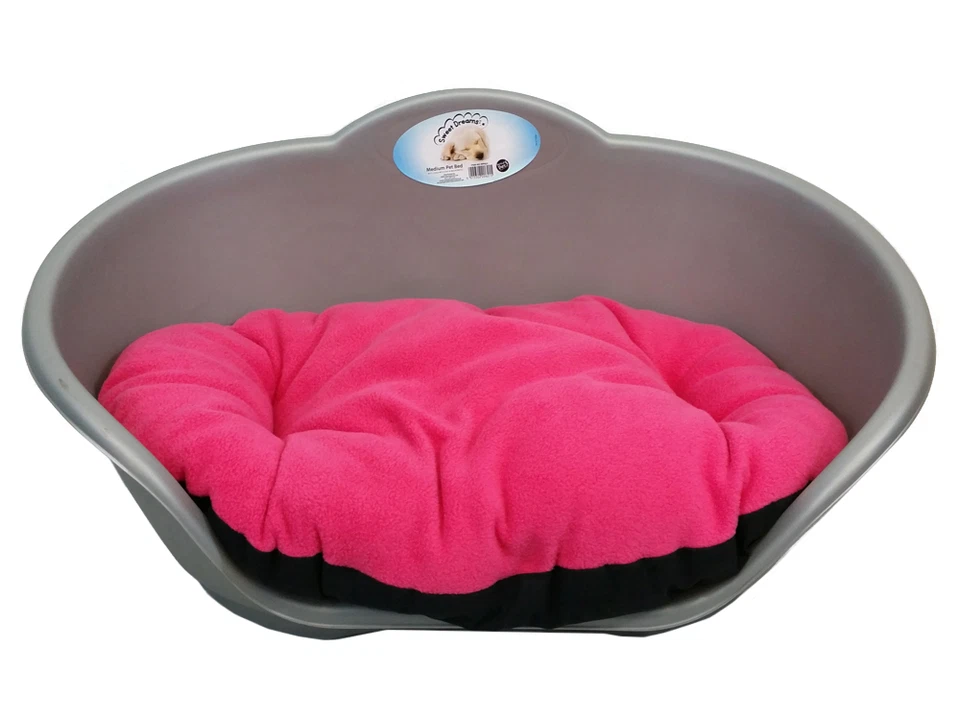 EXTRA LARGE PLASTIC SILVER GREY PET BED WITH PINK CUSHION DOG CAT SLEEP BASKET - Image 1 of 1