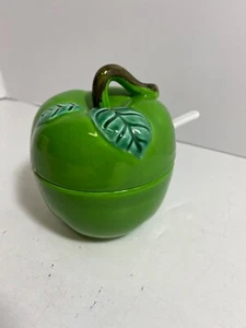 Vintage Green Apple Ceramic Condiment Jam Jar with Spoon Lego Japan Sugar Honey - Picture 1 of 7