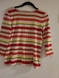 DAMEN TALBOTS GESTREIFT ORANGE BEIGE GRÜN BAUMWOLLJERSEY OBERTEIL U-BOOT-AUSSCHNITT 3/4-ARM - Bild 1 von 5