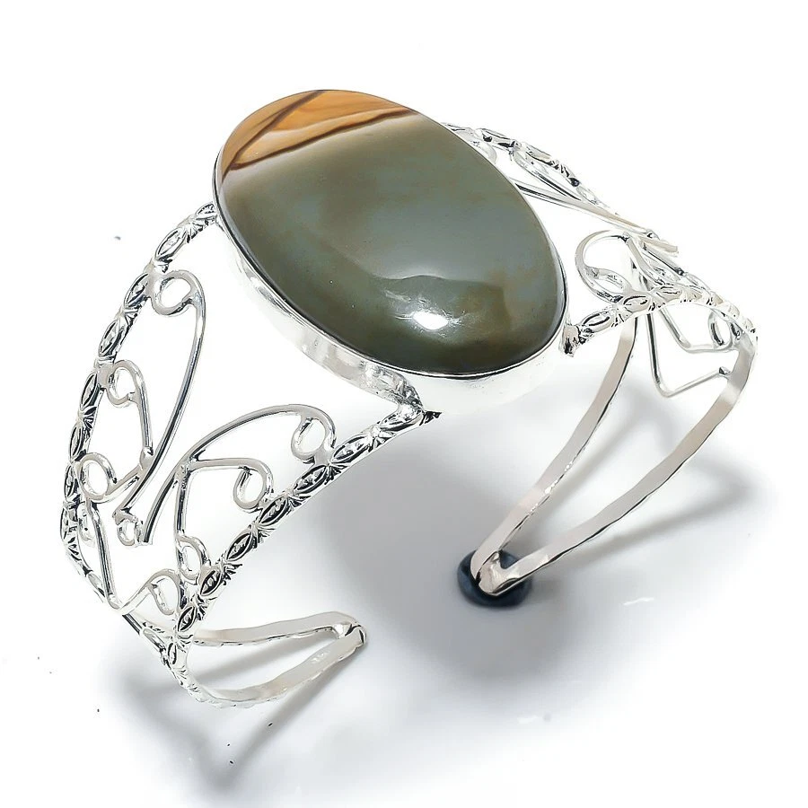 Brazalete ajustable de plata 925 hecho a mano con piedras preciosas de jaspe Land Scape R-5117 Foto 1 de 1