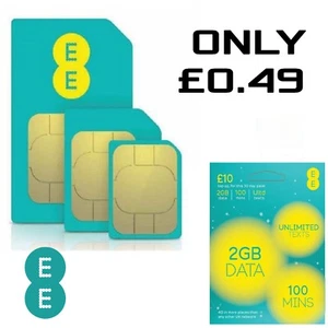 EE 4G £10 Data Pack Pay As You Go SIM PAYG Nano/Micro/Standard Triple Cut Nowy UK - Zdjęcie 1 z 1