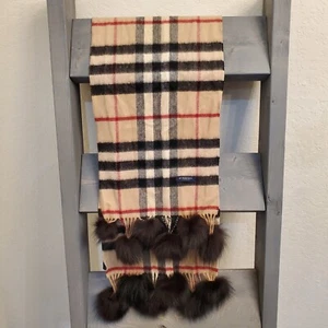 Burberry 100% Cashmere Scarf With Real Fox Fur Pom Poms 11x43 Inches - Picture 1 of 10