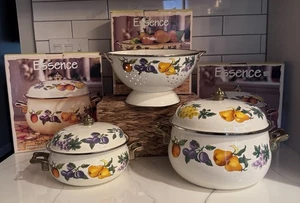 Vintage Dutch Oven Pot Colander Tabletops Unlimited Essence Enamel Set Brass - Picture 1 of 10