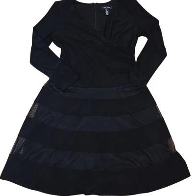 Vestido R&M Richards Negro Manga Larga Formal Cóctel Envolvente Rayas Cuello en V Talla 6 Foto 1 de 4