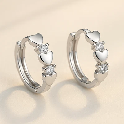 Silver Plated Heart Shape Small Hoop Earrings With Cubic Zirconia Unisex, Women - Image 1 of 3