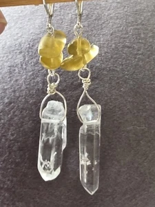 Real Natural Quartz Stone Healing Point Crystal Dangle Earrings With Seaglass  - Picture 1 of 7