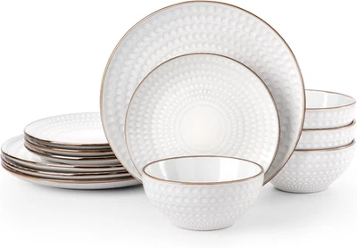 Eden Plates and Bowls Sets, Stoneware Dinnerware Sets with Gold Trim, 12 Pieces - Image 1 of 4