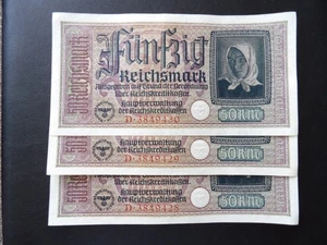 3 pcs 50 Reichsmark Genuine original banknote occupier territories  1939-1945 - Picture 1 of 8
