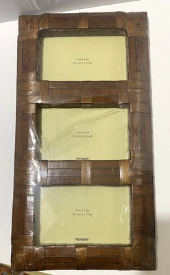 Marco de fotos Pier 1 triple 4x6 marrón tejido madera rústico decoración de pared nuevo sin etiquetas Foto 1 de 4