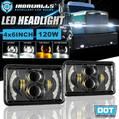 For Freightliner FLD120 FLD112 Pair 4x6" LED Headlight Hi-Lo DRL Turn Signal Foto 1 de 4