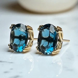 Oval London Blue Topaz 14k Gold Double Prong Tulip Studs Earrings Unisex - Picture 1 of 11
