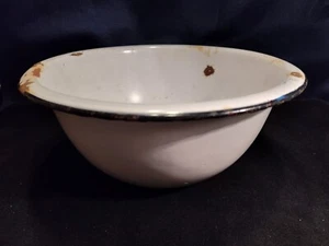 Vintage Large White Enamelware Basin Bowl Black Trim Rim Wash 12" - Picture 1 of 11