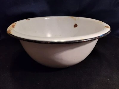 Vintage Large White Enamelware Basin Bowl Black Trim Rim Wash 12" - Image 1 of 4