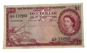 BRITISH CARIBBEAN TERRITORIES 1-2-1964 $1 Dollar Queen rare Banknote #7c VF - Picture 1 of 24